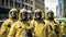 photo of group of responders with hazmat suits after cbrn incident, with backround city