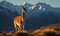 Photo of guanaco Lama guanicoe standing majestically on windswept Andean plateau with snow-capped mountains & clear blue sky in