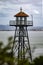 Photo of the guard tower of the federal prison on Alcatraz Island in the middle of the bay of San Francisco, California, USA.