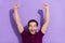 Photo of handsome ecstatic delighted man yell win lottery champion money prize isolated on violet color background