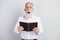 Photo of handsome impressed grey hair old man boss hold book wear spectacles shirt isolated on grey background