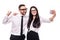 Photo of happy business colleagues couple showing thumbs up gesture take selfie isolated over white wall background