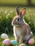 Photo Of Happy Easter! Eastern Cute Easter Bunny Meadow, Rabbit, Grass, Nature, Easter Eggs, Ostern, Eastern Decora. Generative AI