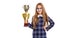 photo of happy excellent school girl with award. excellent school girl with award isolated on white