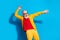 Photo of happy excited crazy funky funny energetic mature man dancing having fun isolated on blue color background