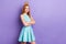 Photo of happy nice charming lady hold hands crossed good mood crown isolated on puple color background