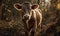 photo of heifer bovine standing on a forest path. Generative AI