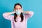 Photo of helpless brunette close arms ears eyes wear blue face mask isolated blue color background