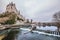 Photo of Hohenzollern Castle in Sigmaringen with barrage waterfall and reservoir in foreground, Germany