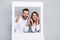 Photo of hooray millennial couple yell wear white shirt isolated on grey color background