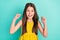 Photo of hooray nice brown hair girl hands fists wear yellow dress isolated on bright teal color background