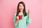 Photo of hooray pretty brunette straight hair girl yell hold cup hand fist wear sweater isolated on pink color