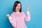 Photo of hooray young lady hands fists yell wear pink shirt isolated on blue color background