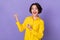 Photo of hooray young lady yell wear yellow shirt isolated on purple color background