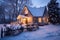 Photo of house decorated for Christmas under the snow. Generative AI