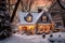 Photo of house decorated for Christmas under the snow. Generative AI