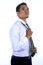 Photo image of a handsome attractive young Asian businessman dressing, fixing his tie and ready to work in formal wear