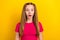 Photo of impressed astonished schoolgirl with straight hairstyle wear pink t-shirt staring at discount isolated on