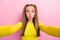 Photo of impressed excited girl with straight hairstyle wear yellow top doing selfie pouted lips isolated on yellow