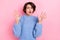 Photo of impressed scared person raise arms palms open mouth stare speechless isolated on pink color background