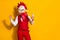 Photo of influencer guy hold telephone rejoice hundred likes wear cock mask red suit isolated yellow color background