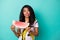 Photo of inspired girl look empty space hold watermelon lick tongue lips think isolated over turquoise color background