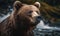 Photo of Kodiak bear towering over cascading waterfall with fierce determination in its eyes. image showcases bears massive size