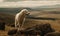 Photo of kuvasz dog majestically standing atop a rocky outcropping overlooking a sprawling pastoral landscape. image showcases