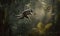 Photo of lemur suspended mid-air in a dynamic leap surrounded by lush tropical foliage in the Jungle. work of art that captures
