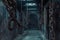 A photo of a lengthy hallway with chains suspended from the ceiling, creating a striking visual element, Petrifying dungeon with