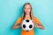 Photo of little cute positive blonde hair sportive girl hold soccer ball like hobby player school tournament isolated on