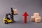 Photo of loader delivering bringing wooden cube supply management arrow pointing up commerce rise raising sales import