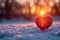 Photo Love in winter red heart displayed in snowy sunset