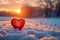 Photo Love in winter red heart displayed in snowy sunset