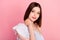 Photo of lovely brunette young lady hand neck wear white top  on pink color background