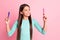 Photo of lovely cute small clever latin lady long hairstyle hands hold two pen look best choice option profitable