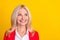 Photo of lovely retired woman wondered look empty space minded isolated over yellow color background