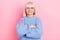 Photo of lovely senior lady folded hands smart wear modern outfit isolated over pink color background