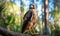 Photo of a majestic hawk perched on a tree branch in a lush forest