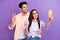 Photo of making selfie portrait cheerful friendly couple lovers show v-sign hello symbol hold new smartphone vlog