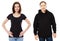 Photo of a male and female posing with a blank black hoodie t shirt. Woman black t-shirt mock up. Front views ready for your