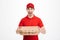 Photo of male worker from delivery service in red t-shirt and ca