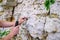 Photo of man`s hand hammering up mountain