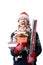 Photo of man in Santa`s cap with his tongue hanging out with boxes of gifts, wrapping paper in hands