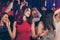 Photo of many people party lady red lips shiny smile rejoice wear dress stylish outfit modern club indoors