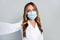 Photo of mature happy woman hold hand camera selfie face doctor wear mask isolated on grey color background