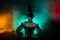 Photo of medieval dark creature witch look copyspace incantation  on colorful mystical background