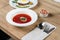 Photo for menu, Ukrainian borscht with sour cream, food background, Food and health. Top view