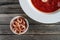 Photo for menu, Ukrainian borscht with sour cream, food background, Food and health. Top view