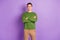 Photo of millennial boss brunet guy crossed arms wear sweater pants isolated on purple background